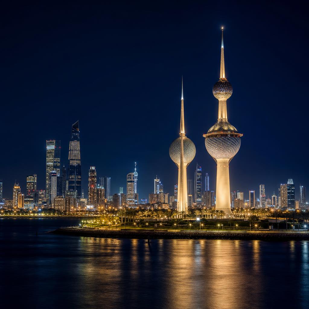 Kuwait City skyline and Kuwait Towers illuminated at night